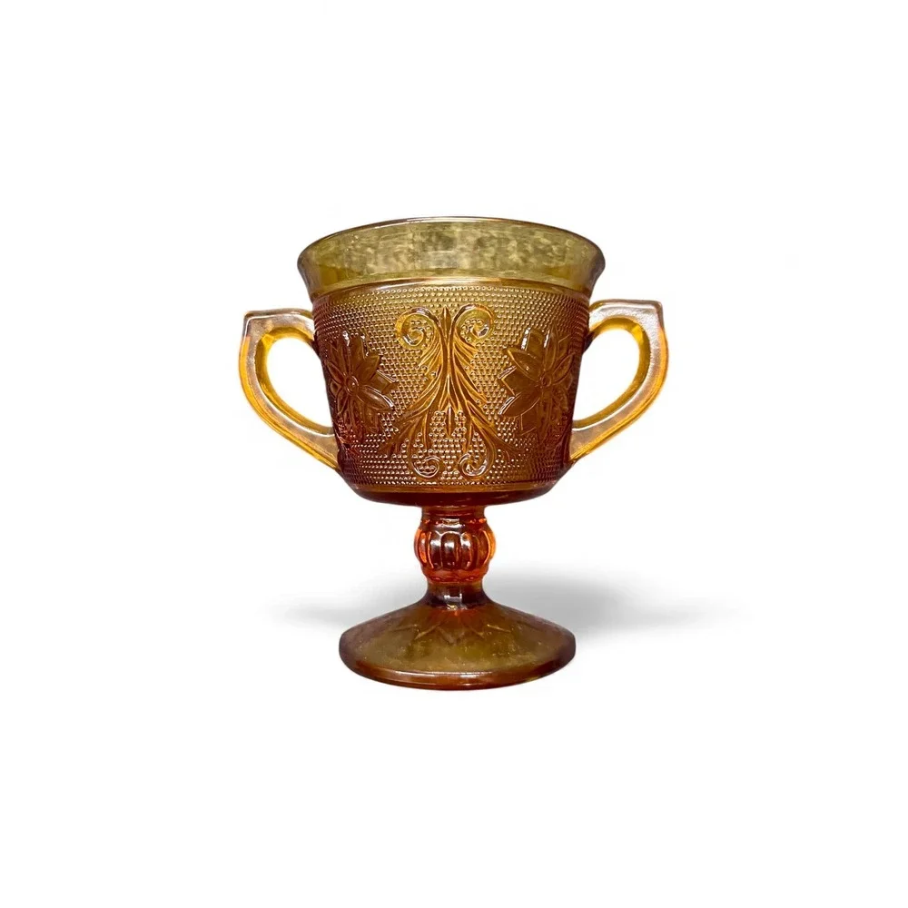 Vintage Tiara Amber Glass Pedestal Sugar Bowl Candy Dish Pressed Glass